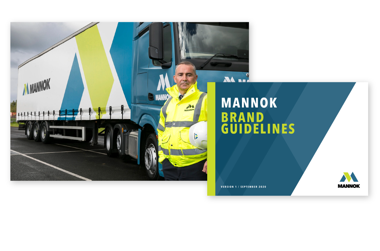 A photocall image of a man in a high-vis infront of a Mannok branded truck, alongside the cover of the Mannok brand guidelines